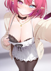 1girl asymmetrical_wings black_bra black_choker black_pantyhose blue_eyes blurry blurry_background blush bra breasts brown_cardigan cable_knit cardigan choker cleavage close-up closed_mouth clothes_pull deyui dress dress_pull earrings empire_waist flashing flower_earrings frilled_dress frills gold_necklace guyrys heterochromia highres hololive hololive_english horns irys_(casualrys)_(hololive) irys_(hololive) jewelry lace lace-trimmed_bra lace-trimmed_choker lace-trimmed_dress lace_trim large_breasts looking_at_viewer mismatched_earrings mismatched_wings necklace official_alternate_costume official_alternate_hairstyle open_cardigan open_clothes outstretched_arm pantyhose pointy_ears purple_eyes purple_hair reaching reaching_towards_viewer short_dress short_hair sleeveless sleeveless_dress solo spaghetti_strap underwear virtual_youtuber white_dress wings