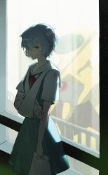 1girl arm_sling ayanami_rei backlighting bag bandage_over_one_eye bandaged_arm bandaged_head bandages blouse blue_hair blue_skirt closed_mouth commentary cowboy_shot eva_00 expressionless gun_sling gy1966 highres holding holding_bag looking_at_viewer neck_ribbon neon_genesis_evangelion paper_bag purple_eyes red_ribbon ribbon sailor_collar school_uniform shirt short_hair short_sleeves skirt solo suspender_skirt suspenders tokyo-3_middle_school_uniform white_sailor_collar white_shirt