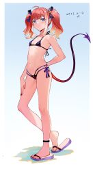 1girl arm_behind_back bare_arms bare_legs bare_shoulders bikini black_bikini blue_eyes blush breasts closed_mouth collarbone commentary_request demon_girl demon_tail flip-flops full_body hair_ornament hand_on_own_knee highres long_hair looking_at_viewer micro_bikini nail_polish navel orange_hair original pointy_ears sandals side-tie_bikini_bottom small_breasts solo standing string_bikini swimsuit tail twintails wangqi