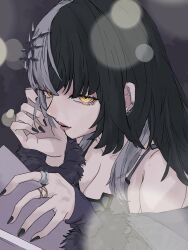1girl absurdres black_coat black_dress black_hair black_nails breasts cleavage coat commentary_request dress ear_piercing fur-trimmed_coat fur_trim grey_hair highres hololive hololive_english jewelry keren_illust large_breasts long_hair looking_at_viewer multicolored_hair piercing ring shiori_novella shiori_novella_(1st_costume) solo split-color_hair two-tone_hair virtual_youtuber yellow_eyes