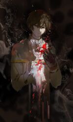 Rule 34 | 1boy, absurdres, brown eyes, brown gloves, brown hair, capelet, chinese commentary, closed mouth, commentary request, expressionless, fire, gloves, gold trim, hair between eyes, hands up, heibaihuabing, highres, jabuchi you, long sleeves, male focus, melting, red fire, revision, saibou shinkyoku, shirt, short hair, single glove, solo, white capelet, white shirt