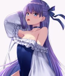 1girl absurdres arl bare_shoulders blue_choker blue_eyes blue_one-piece_swimsuit blue_ribbon casual_one-piece_swimsuit choker fate/grand_order fate_(series) female_focus flat_chest hair_ribbon highres long_hair meltryllis meltryllis_(fate) meltryllis_(swimsuit_lancer)_(fate) meltryllis_(swimsuit_lancer)_(second_ascension)_(fate) one-piece_swimsuit purple_hair ribbon simple_background solo strapless strapless_one-piece_swimsuit swimsuit tongue tongue_out very_long_hair white_background