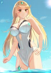 Rule 34 | 1girl, absurdres, bare shoulders, blonde hair, blush, breasts, chest jewel, chinchongcha, cleavage, gem, headpiece, highres, jewelry, large breasts, long hair, looking at viewer, mythra (radiant beach) (xenoblade), mythra (xenoblade), one-piece swimsuit, solo, strapless, strapless one-piece swimsuit, swept bangs, swimsuit, tiara, very long hair, white one-piece swimsuit, xenoblade chronicles (series), xenoblade chronicles 2, yellow eyes