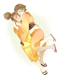 Rule 34 | arms around neck, arms around waist, brown eyes, brown hair, closed eyes, facial hair, goatee, hug, husband and wife, japanese clothes, kimono, legs, lifting person, nene, nene (sengoku musou), obi, sandals, sash, sengoku musou, sideburns, smile, topknot, toyotomi hideyoshi