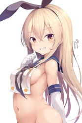 adapted_costume bib black_hairband blonde_hair blue_sailor_collar breasts gloves grey_eyes grin hairband highres kantai_collection long_hair navel no_panties out-of-frame_censoring sailor_collar shimakaze_(kancolle) simple_background small_breasts smile tateishi_kureha white_background white_gloves