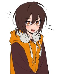 1boy blush brown_hair et_secret fang gwak_jun-hyeong hair_between_eyes headphones headphones_around_neck highres hood hood_down hoodie jacket long_sleeves looking_at_viewer open_mouth orange_eyes orange_jacket short_hair simple_background smile solo upper_body white_background zombie_high_school