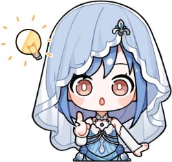 1girl :o artist_request bare_shoulders bead_necklace beads blue_dress blue_hair blush_stickers bridal_gauntlets bright_pupils brown_eyes chibi collar cropped_legs daughter_of_the_lake_(infinity_nikki) detached_collar dress eyelashes infinity_nikki jewelry light_bulb long_dress long_hair looking_at_viewer low_ponytail necklace nikki_(series) notice_lines official_art open_mouth pointing pointing_up ponytail see-through_clothes see-through_veil solo strap striped_clothes tareme transparent_background veil vertical-striped_clothes white_bridal_gauntlets white_collar white_pupils white_veil