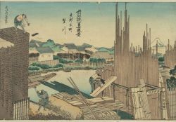 3boys absurdres black_hair board boat fine_art_parody hand_saw highres hokusai mount_fuji multiple_boys nihonga original parody pond public_domain saw thirty-six_views_of_mount_fuji tools watercraft wood