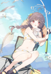 1girl ahoge barefoot bird black_hair blue_archive breasts female_focus fishing_rod leaf loli long_hair miyu_(blue_archive) miyu_(swimsuit)_(blue_archive) navel outdoors red_eyes ribbon sacabambaspis sandals seagull separated small_breasts swimsuit tautiki thighs white_ribbon