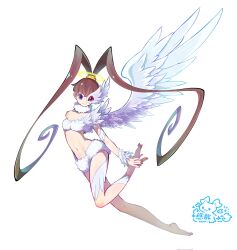 Rule 34 | 1girl, amano nene (digimon xros wars), bare shoulders, blue eyes, digimon, digimon (creature), digimon xros wars, eye mask, feathers, full body, half mask, halo, heterochromia, highres, long hair, luminamon, luminamon (nene ver.), mask, navel, possessed, possession, purification, red eyes, revealing clothes, simple background, single wing, solo, strapless, tube top, very long hair, white background, white feathers, white mask, white tube top, white wings, wings, youzaiyouzai112