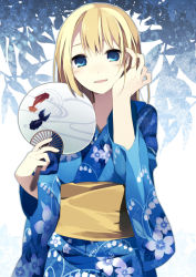 1boy androgynous bad_id bad_pixiv_id blonde_hair blue_eyes blue_kimono fire_emblem fire_emblem:_the_blazing_blade fish hand_fan hijiri_(resetter) japanese_clothes kimono long_hair lucius_(fire_emblem) male_focus monk nintendo paper_fan solo trap uchiwa yukata