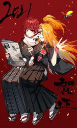 2021 2boys absurdres alternate_costume baocaizi black_nails blonde_hair blue_eyes brown_sandals choker closed_mouth deidara_(naruto) expressionless extra_mouth eyeliner forehead_protector grin happy high_ponytail highres holding holding_newspaper japanese_clothes kimono long_hair looking_at_viewer makeup male_focus multiple_boys naruto_(series) naruto_shippuuden new_year newspaper paddle ponytail red_background red_eyes red_hair sandals sasori_(naruto) scarf short_hair smile socks teeth white_socks yellow_petals
