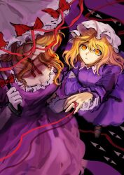 Rule 34 | 2girls, absurdres, blonde hair, dress, frilled umbrella, frills, gap (touhou), gloves, hat, highres, holding, holding umbrella, maribel hearn, mob cap, multiple girls, neck ribbon, otogisum3, parasol, purple dress, red ribbon, ribbon, string, string of fate, touhou, umbrella, white gloves, white hat, white umbrella, yakumo yukari, yellow eyes