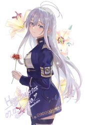 Rule 34 | 1girl, 2025, 86 -eightysix-, antenna hair, blue jacket, blue skirt, breasts, closed mouth, commentary request, cowboy shot, cropped jacket, dated, floral background, flower, from side, grey eyes, grey hair, hair between eyes, happy birthday, high-waist skirt, highres, holding, holding flower, jacket, light blush, light smile, lily (flower), long hair, long sleeves, looking at viewer, medium breasts, military jacket, military uniform, red flower, shanabi0610, signature, skirt, solo, spider lily, standing, turning head, twitter username, very long hair, vladilena millize, white flower