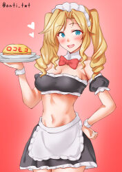 1girl alternate_costume anti_(untea9) black_skirt black_tube_top blonde_hair blue_eyes bow bowtie breasts commentary_request cowboy_shot detached_collar detached_sleeves drill_hair enmaided food frilled_tube_top frills gradient_background highres honolulu_(kancolle) kantai_collection long_hair looking_at_viewer maid maid_headdress medium_breasts midriff navel omelet omurice one-hour_drawing_challenge plate red_background red_bow red_bowtie skirt smile solo standing strapless tube_top twin_drills twintails twitter_username waitress