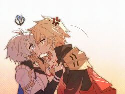 !? 2boys anger_vein antenna_hair armor black_choker black_coat black_shirt blonde_hair blue_cape blue_eyes braid cape chest_tattoo choker clothes_grab coat earrings facial_tattoo from_side gocheogja37862 gold_earrings gold_necklace gradient_hair hair_between_eyes hand_on_another&#039;s_face hashtag-only_commentary honkai:_star_rail honkai_(series) jewelry kiss male_focus medium_hair multicolored_hair multiple_boys mydei_(honkai:_star_rail) necklace open_clothes open_coat pauldrons phainon_(honkai:_star_rail) red_hair red_tattoo shirt shirt_grab short_hair shoulder_armor side_braid single_pauldron tattoo white_coat white_hair yaoi
