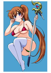 Rule 34 | 1girl, ass, bikini, blue eyes, blush, breasts, brown hair, cleavage, closed mouth, collarbone, highres, kunisaki-air, large breasts, long hair, looking at viewer, lyrical nanoha, magical girl, mahou shoujo lyrical nanoha strikers, ponytail, raising heart, solo, swimsuit, takamachi nanoha, thighhighs, white thighhighs