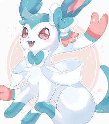 Rule 34 | alternate color, animal focus, artist name, bright pupils, commentary request, fang, gen 6 pokemon, highres, iwasi 29, looking at viewer, nintendo, no humans, pokemon, pokemon (creature), red eyes, shiny pokemon, simple background, skin fang, sylveon, tail, twitter username, white background, white fur, white pupils