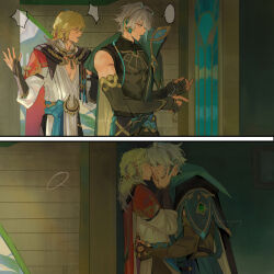 2boys alhaitham_(genshin_impact) angry arguing black_gloves black_shirt blank_speech_bubble blonde_hair blush cape chest_jewel compression_shirt covered_abs earrings elbow_gloves fingerless_gloves gem genshin_impact gloves green_eyes green_gemstone grey_hair hair_between_eyes hair_over_one_eye hand_on_another&#039;s_waist hands_on_another&#039;s_face headphones highres jewelry kaveh_(genshin_impact) kiss long_sleeves looking_at_another male_focus multiple_boys one_eye_covered open_mouth pants parted_bangs partially_fingerless_gloves pectorals puffy_long_sleeves puffy_sleeves red_cape red_eyes sash shirt short_hair sleeveless sleeveless_shirt somtam speech_bubble standing swept_bangs twitter_username yaoi