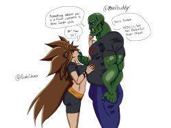 1boy 1girl absurdres bald bb_(baalbuddy) breasts brown_hair colored_skin couple first_meet green_skin hetero highres long_hair medium_breasts midriff orc orcs red_eyes very_long_hair waaagh!