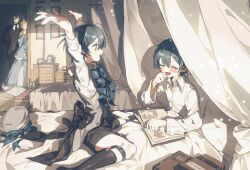 1girl 3boys arms_up back_bow bed bedroom blaaaaaberry black_bow black_hair black_shorts black_socks blanket blue_bow blue_bowtie blue_eyes blush bow bowtie brothers canopy_bed ciel_phantomhive ciel_phantomhive&#039;s_brother collared_shirt dress_shirt grey_vest hair_between_eyes happy highres indoors kneehighs kuroshitsuji legwear_garter long_sleeves looking_at_another male_focus multiple_boys pajamas rachel_phantomhive shirt short_hair short_shorts shorts siblings sitting smile socks twins under_covers vest vincent_phantomhive wariza white_shirt