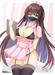 1girl black_bra black_panties black_thighhighs blunt_ends blush bra breasts brown_hair clipboard colored_inner_hair garter_straps hat heart highres holding holding_clipboard lanyard large_breasts long_hair looking_at_viewer mask mole mole_under_eye mouth_mask multicolored_hair nao_(naobinarydigit) nurse nurse_cap original panties pink_eyes pink_shirt shirt short_sleeves sidelocks standing thighhighs underwear