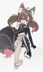 Rule 34 | 1girl, :d, absurdres, ahoge, animal ear fluff, animal ear piercing, animal ears, black collar, black gloves, boots, brown hair, chocpocalypse, collar, commentary, commission, elbow gloves, english commentary, facial mark, fang, feet, fishnet pantyhose, fishnets, fox ears, fox girl, fox tail, full body, gloves, green eyes, hair ornament, heterochromia, highres, index finger raised, indie virtual youtuber, multicolored hair, nyudachi, open mouth, pantyhose, pink hair, presenting foot, red eyes, second-party source, shirt, simple background, single bare shoulder, single thigh boot, sitting, sketch, smile, solo, spiked collar, spikes, tail, thigh boots, tied shirt, toeless legwear, toes, twintails, two-tone hair, virtual youtuber, white background, x hair ornament