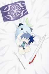 aqua_eyes aqua_sweater_vest armband blue_hair blue_pants character_doll coat collared_shirt dakimakura_(medium) doll gagake_v glasses grey_shirt highres holding holding_stuffed_toy lab_coat leaf leaf_on_head leos_vincent leos_vincent_(1st_costume) mameneko_(leos_vincent) nijisanji no_humans one_eye_closed open_clothes open_coat pants pen polearm protected_link purple_armband shirt short_hair solo stuffed_toy virtual_youtuber weapon white_coat