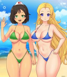 2girls artist_name beach bikini blonde_hair blue_bikini blue_eyes blue_sky breasts brown_hair challengia cleavage cloud collarbone dark-skinned_female dark_skin day green_bikini green_eyes gummslime hand_on_own_hip hat highres honchan large_breasts long_hair looking_at_viewer mole mole_on_cheek multiple_girls navel nchans open_mouth salute short_hair skindentation sky smile stachan swimsuit