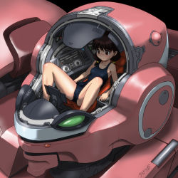 1girl bare_legs bare_shoulders black_background black_one-piece_swimsuit blush brown_eyes brown_hair cameltoe closed_mouth cockpit female_focus hair_tie knees_up light light_smile long_hair low_twintails lying mecha nose_blush on_back one-piece_swimsuit original robot rohitsuka school_swimsuit seat signature simple_background solo spread_legs swimsuit tareme twintails