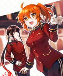 1boy 1girl ahoge alternate_hairstyle black_hair black_pants black_sleeve_cuffs blurry blurry_background center-flap_bangs closed_mouth crossed_bangs dutch_angle fate/grand_order fate_(series) fiery_hair from_below fujimaru_ritsuka_(female) gloves hair_between_eyes hand_on_own_hip hand_up high_collar highres jacket long_hair long_sleeves looking_at_viewer low_ponytail military_uniform oda_nobukatsu_(fate) open_mouth orange_hair outline pants ponytail red_eyes red_jacket sidelocks smile t_kattu teeth upper_teeth_only v-shaped_eyebrows very_long_hair white_background white_gloves white_outline yellow_eyes