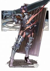1girl amalia_(unicorn_overlord) armor artist_name commentary curtained_hair english_commentary eyepatch gauntlets herheim highres holding holding_shield holding_sword holding_weapon huge_weapon purple_hair sabaton shield simple_background smile solo sword unicorn_overlord weapon