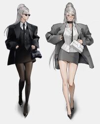 1girl ayase_seiko black_vest dandadan dress_suit fishnets glasses highres mature_female necktie ponytail round_eyewear simple_background skirt solo sumi_(suumiko_) vest white_hair