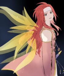 black_background black_shirt blue_eyes gloves gradient_background headband highres hzk882 jacket long_hair looking_at_viewer pants pink_gloves pink_jacket red_hair sheath sheathed shirt sleeveless sleeveless_shirt spoilers sword tales_of_(series) tales_of_symphonia turning_head twitter_username weapon white_headband white_pants wings zelos_wilder