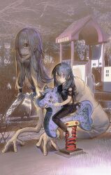 1boy blue_eyes blue_hair child highres horror_(theme) huli_xiaobai jujutsu_kaisen long_hair looking_at_viewer mahito_(jujutsu_kaisen) monster playground solo stitched_face stitches