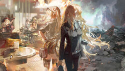 absurdres black_gloves black_necktie black_suit blue_eyes coffee formal_clothes girls&#039;_frontline glasses gloves highres mp5_(girls&#039;_frontline) multiple_girls necktie official_art orange_hair sitting skorpion_(girls&#039;_frontline) springfield_(girls&#039;_frontline) suit tokarev_(girls&#039;_frontline) white_hair
