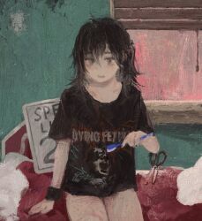 1girl band_shirt bedroom black_hair blood bloody_scissors bracelet canvas_texture chunkyeggy commentary cowboy_shot dying_fetus_(band) english_commentary freckles hair_between_eyes holding holding_razor implied_self-harm jewelry light_blush looking_at_viewer medium_hair merchandise messy_hair on_bed open_mouth open_window original pillow razor road_sign scissors self-harm_scar shirt sign solo t-shirt teeth upper_teeth_only window