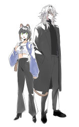 1boy 1girl 3_ma_me alternate_costume animal_ears black_coat black_hair black_pants black_shirt blue_jacket brown_hair coat cropped_jacket duel_monster full_body green_eyes grey_hair hair_over_one_eye highres jacket k9_-_#00_lupus k9_-_#17_izuna medium_hair missing_commentary pants shirt simple_background strapless tube_top weasel_ears weasel_girl white_background white_tube_top yu-gi-oh!
