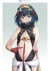 1girl bare_shoulders black_hair blood blood_on_hands blue_hair bracer breasts colored_inner_hair cross_(crossryou) detached_collar facepaint fate/grand_order fate_(series) feathers grey_eyes halterneck headdress high_collar highres looking_at_viewer multicolored_hair navel pelvic_curtain sash short_hair sidelocks small_breasts solo tassel tenochtitlan_(fate) tenochtitlan_(first_ascension)_(fate)