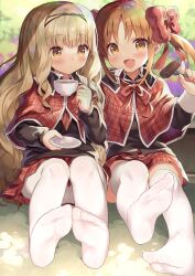 2girls black_hairband black_jacket blazer blonde_hair blush capelet closed_mouth cup facing_viewer hairband holding holding_cup jacket kabosudachin long_hair long_sleeves looking_at_viewer looking_to_the_side mashiro_rima multiple_girls open_mouth orange_eyes orange_hair pantyhose plaid_capelet plaid_clothes plaid_skirt red_capelet red_skirt school_uniform seiyo_academy_school_uniform shugo_chara! skirt teacup thighhighs white_pantyhose white_thighhighs yellow_eyes yuiki_yaya