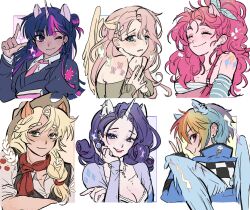 6+girls ;) ^_^ animal_ear_piercing animal_ears applejack bare_shoulders black_gloves black_hair black_jacket black_vest blonde_hair blue_eyes blue_eyeshadow blue_hair blue_wings book bra breasts bug butterfly butterfly_hair_ornament closed_eyes closed_mouth collarbone collared_shirt cropped_torso curly_hair cutie_mark dark-skinned_female dark_skin extra_ears eyeshadow fingerless_gloves fluttershy freckles from_behind gloves green_eyes green_hair green_sweater grin hair_behind_ear hair_between_eyes hair_bun hair_ornament hair_over_shoulder hand_on_own_arm hand_on_own_cheek hand_on_own_face hand_up hashtag-only_commentary high_ponytail highres horse_ears index_finger_raised insect jacket jewelry layered_sleeves lightning_bolt_symbol long_hair long_sleeves looking_at_viewer looking_back low-tied_long_hair makeup mane_six_(my_little_pony) medium_breasts memoji_7672 mole mole_on_breast multicolored_hair multiple_girls my_little_pony my_little_pony:_friendship_is_magic necklace necktie off-shoulder_sweater off_shoulder one_eye_closed orange_hair overalls own_hands_together pale_skin parted_lips pink_hair pink_necktie pink_overalls pinkie_pie ponytail profile puffy_sleeves purple_eyes purple_hair rainbow_dash rainbow_hair raised_eyebrows raised_inner_eyebrows rarity_(my_little_pony) red_eyes red_hair red_lips red_scarf scarf shirt short_hair short_sleeves shoulder_tattoo sideways_glance simple_background single_hair_bun sleeves_past_wrists smile sparkle streaked_hair sweat sweater tattoo tomboy twilight_sparkle underwear unicorn_girl unicorn_horn v vest white_background white_bra white_butterfly white_shirt wings yellow_wings