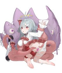 1girl absurdres anus ass barefoot censored commentary copyright_request denpafish_(vtuber) grey_hair halo heart heart_censor highres indie_virtual_youtuber long_hair mirumiruchan open_mouth panties pussy red_eyes red_skirt skirt soles solo spread_pussy tentacles underwear virtual_youtuber white_panties
