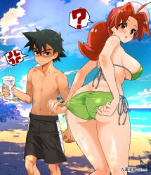 1boy 1girl ? ash_ketchum ass beach bent_over bikini black_hair black_male_swimwear blush borrowed_clothes breasts brown_eyes brown_hair can covered_erect_nipples curvy day delia_ketchum disgust drink drink_can frown glaring green_bikini hand_on_own_knee highres holding holding_drink large_breasts leaning_forward low_ponytail male_swimwear mother_and_son nintendo ocean outdoors partially_shaded_face pokemon pokemon_(anime) pokemon_journeys ponytail shaded_face shiny_skin side-tie_bikini_bottom sitting skindentation soda_can standing sun sunlight sweat swim_trunks swimsuit teeth thong thong_bikini topless_male upper_teeth_only wedgie wet wide_hips