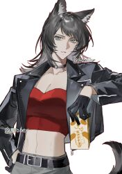 1girl alternate_species animal_ears arknights bang_dream! bang_dream!_it&#039;s_mygo!!!!! belt belt_buckle black_belt black_choker black_hair black_jacket breasts buckle chocolate_milk choker cleavage cleavage_cutout clothing_cutout collarbone commentary cowboy_shot crop_top cropped_shirt erober gloves green_eyes half_gloves hand_on_own_hip highres holding holding_milk_carton jacket lapels long_sleeves looking_at_viewer medium_hair midriff milk_carton o-ring o-ring_choker open_clothes open_jacket outline parted_lips red_outline red_shirt shirt simple_background solo swept_bangs tail translated weibo_username white_background wolf_ears wolf_tail yahata_umiri zipper zipper_pull_tab