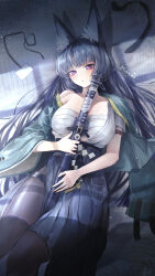 1girl animal_ear_fluff animal_ears arm_out_of_sleeve artist_name bandages between_legs black_hair black_skirt blunt_bangs blush breasts bright_pupils budget_sarashi chest_sarashi fox_ears from_above hand_rest high-waist_skirt highres holding holding_sheath holding_sword holding_weapon hoshimi_miyabi jacket large_breasts long_hair looking_at_viewer lying minamo_(edosei_edo) on_back open_clothes open_jacket open_shirt pantyhose parted_lips red_eyes sarashi scabbard sheath sheathed shirt shirt_tucked_in short_sleeves skirt solo sword thigh_strap very_long_hair weapon white_pupils white_shirt wide_sleeves window_shadow zenless_zone_zero