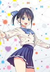 1girl absurdres black_hair blazer blue_bow blue_bowtie blue_eyes blue_ribbon blue_skirt blush bow bowtie breasts collared_shirt dot_nose female_focus hair_ribbon highres hiroyuki jacket kanojo_mo_kanojo long_sleeves looking_at_viewer minase_nagisa miniskirt official_art open_mouth pleated_skirt ribbon school_uniform shirt shirt_tucked_in short_hair skirt small_breasts smile solo solo_focus teeth thighs upper_teeth_only white_shirt