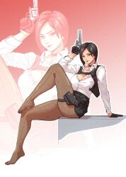 1girl ada_wong arm_support black_gloves black_hair black_skirt breasts brown_pantyhose chest_harness chuckuddin cleavage closed_mouth collared_shirt commentary feet full_body gloves gradient_background gun hand_up handgun harness highres holding holding_gun holding_weapon holster knee_up large_breasts legs long_sleeves looking_at_viewer miniskirt no_shoes pantyhose partially_unbuttoned red_lips resident_evil revolver shirt short_hair sitting skirt solo thigh_holster thighs weapon white_shirt