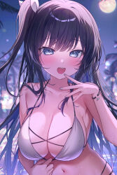 armpit_peek bikini blue_eyes blue_hair blurry blurry_background blush bow breasts brown_hair city_lights cleavage collarbone colored_inner_hair commentary_request depth_of_field dolphin film_grain full_moon grey_nails gyozanuko hair_bow hand_up large_breasts looking_at_viewer moon multicolored_hair nail_polish navel night night_sky one_side_up open_mouth original palm_tree seductive_smile sky smile stomach straight-on straight_hair string_bikini swimsuit swimsuit_tug tattoo teeth tree upper_body upper_teeth_only water water_drop wet wet_hair white_bikini white_bow wristband