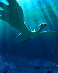 air_bubble bubble creatures_(company) devin_elle_kurtz fangs fins game_freak gen_2_pokemon gen_4_pokemon glowing glowing_eyes highres legendary_pokemon light_rays lugia mantine mantyke nintendo no_humans pokemon pokemon_(creature) sunlight swimsuit tail underwater wings