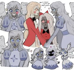 3girls absurdres angel angel_wings angry blonde_hair blue_eyes blush_stickers charlie_morningstar demon_girl dress emily_(hazbin_hotel) extra_eyes feathered_wings frown hazbin_hotel highres holding_hands jealous long_hair looking_at_viewer multiple_girls third_eye tppiiiiqqt vaggie white_dress white_hair wings